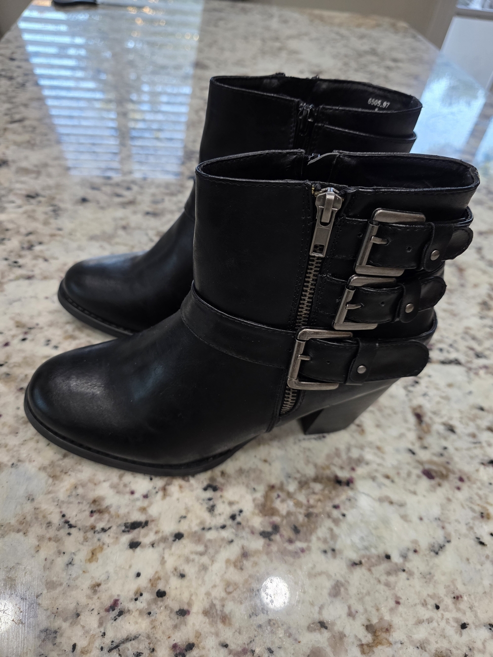 Cathy Jean Black Buckle Ankle Booties with Side Zipper